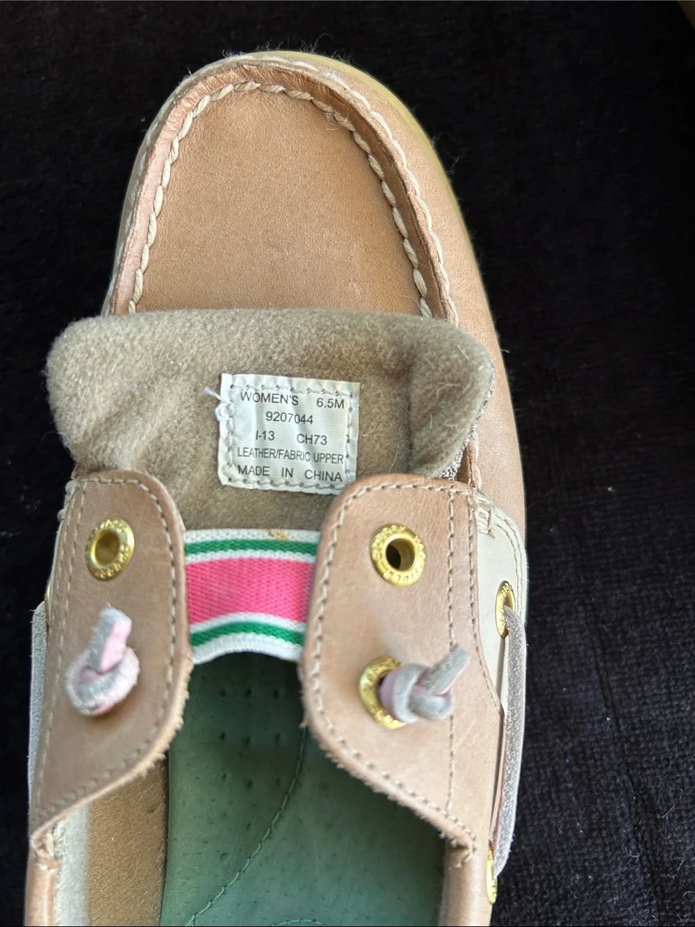 Sperry Kids Tan Leather Moccasins with Pink & Green Stripe